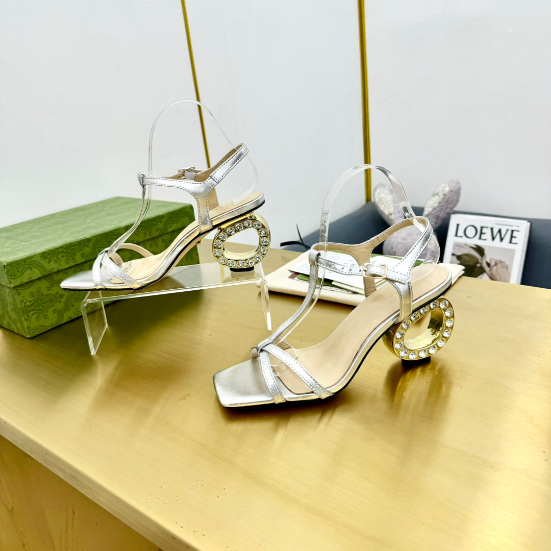 GUCCI MEDIUM-HEEL SANDAL IN SILVER CALFSKIN GOLD HARDWARE WITH RHINSTONES