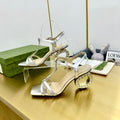 GUCCI MEDIUM-HEEL SANDAL IN SILVER CALFSKIN GOLD HARDWARE WITH RHINSTONES
