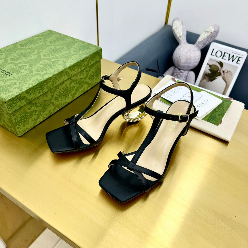 GUCCI MEDIUM-HEEL SANDAL IN BLACK CALFSKIN GOLD HARDWARE WITH RHINSTONES