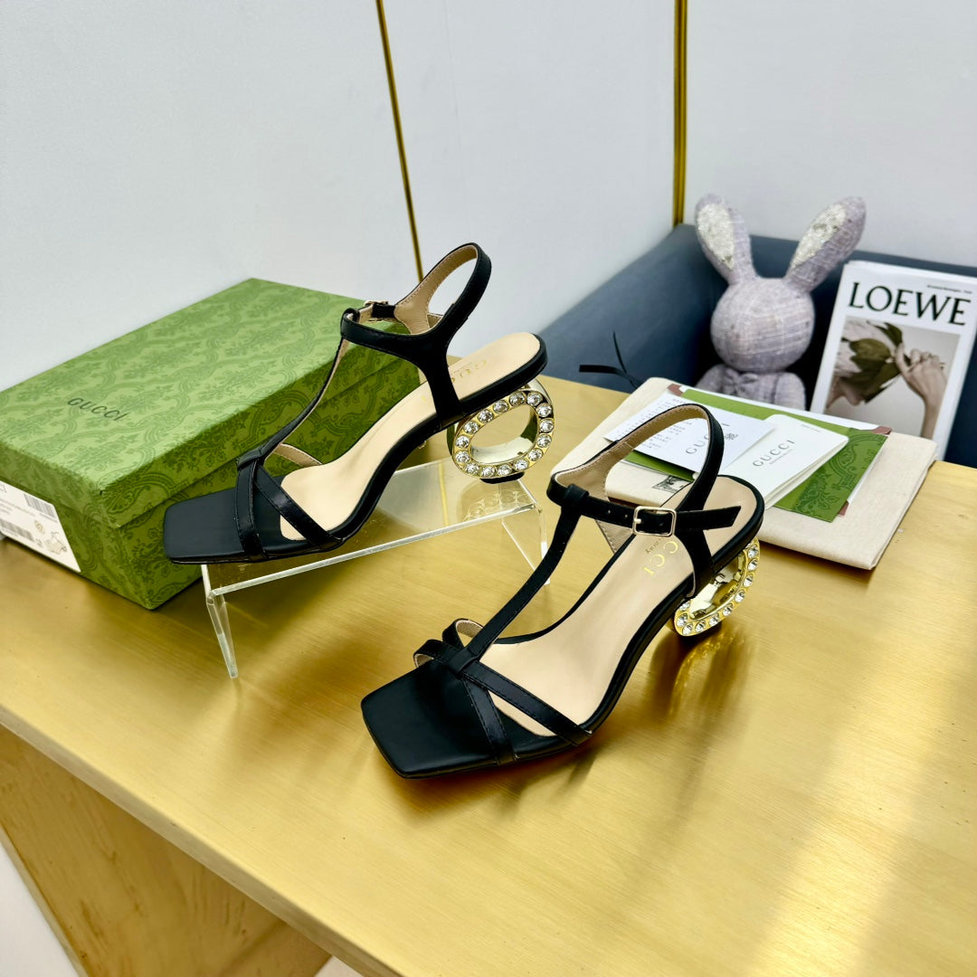 GUCCI MEDIUM-HEEL SANDAL IN BLACK CALFSKIN GOLD HARDWARE WITH RHINSTONES
