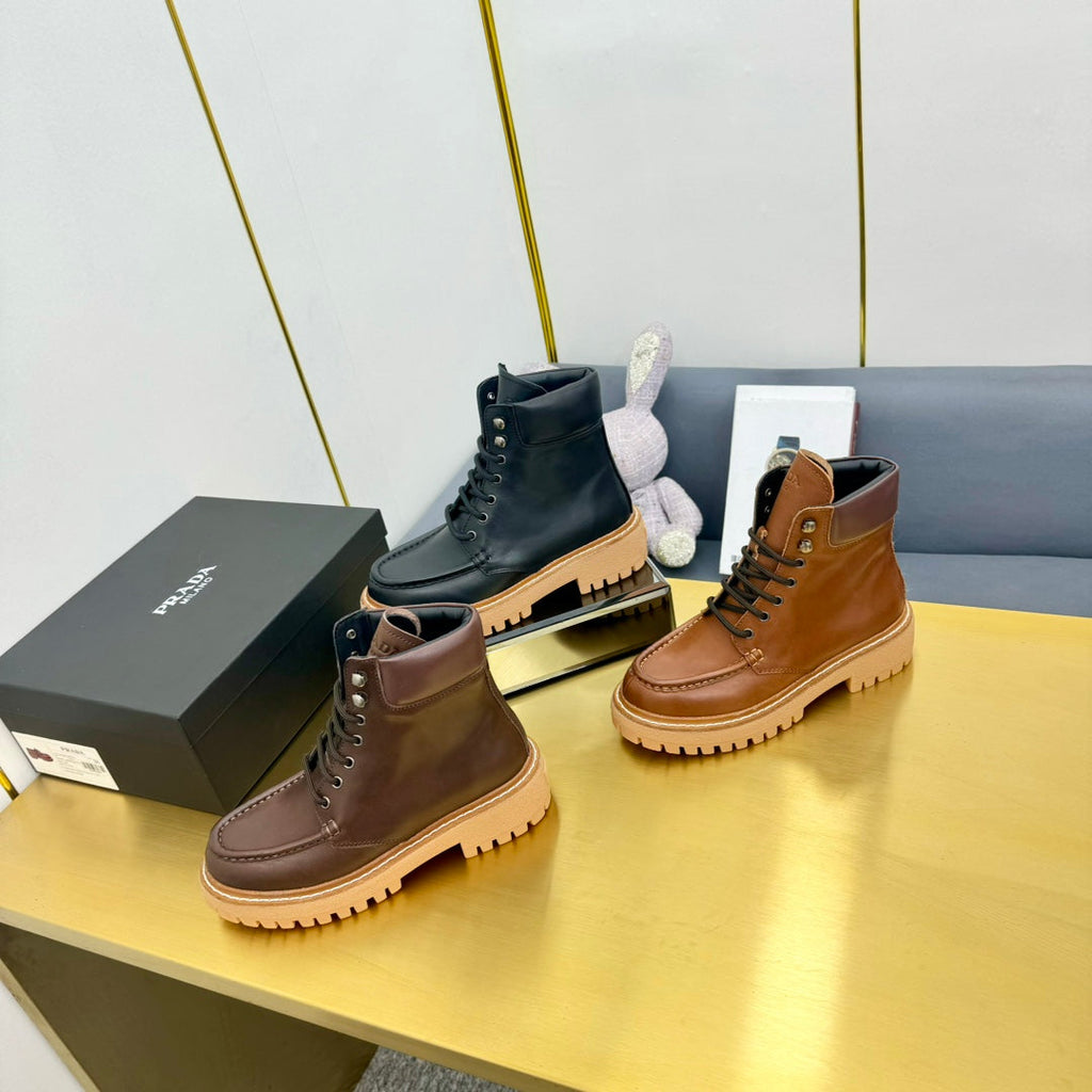 PRADA LACE-UP ANKLE BOOTS IN CHOCOLATE BROWN CALFSKIN