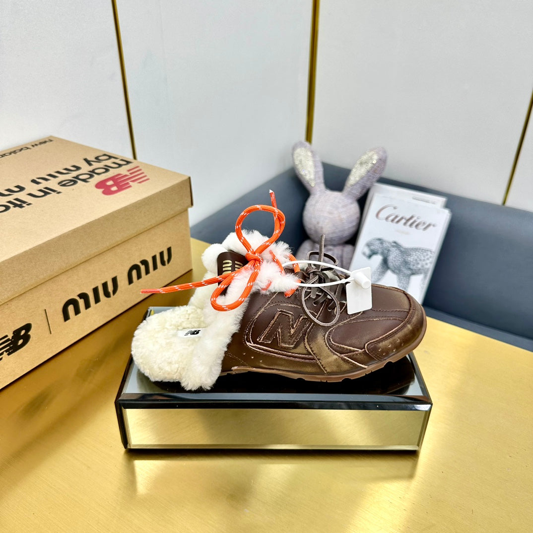 MIUxNB 530 SNEAKER MULES IN BROWN CALFSKIN SHEARLING