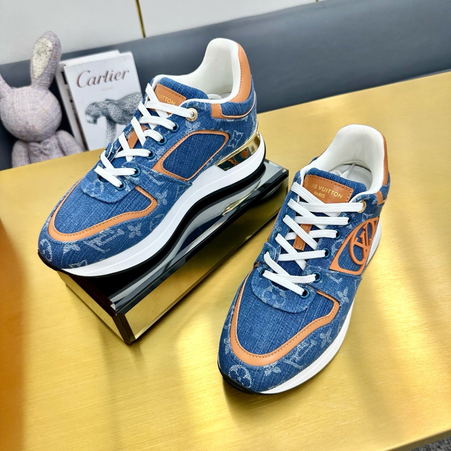 LOUIS VUITTON NEO RUN AWAY SNEAKER IN CLASSIC BLUE MONOGRAM DENIM AND ORANGE CALFSKIN