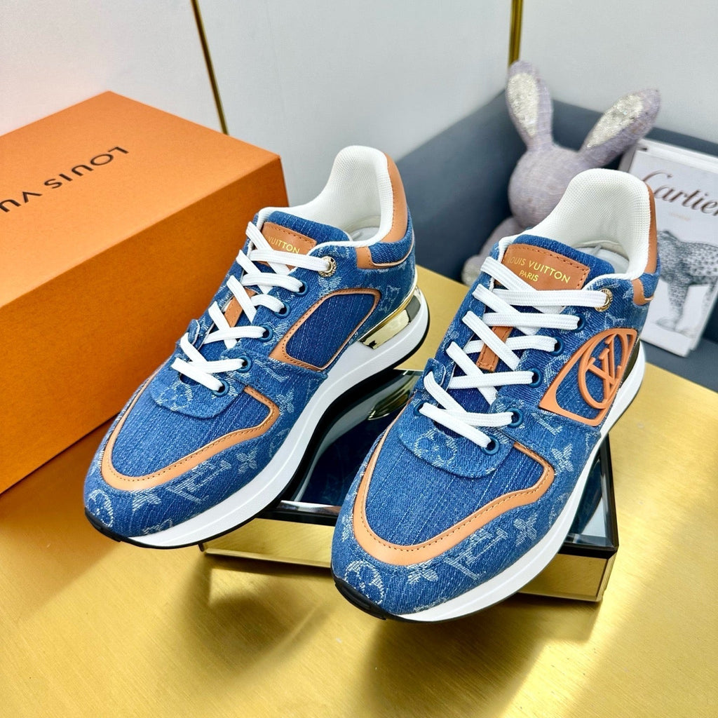 LOUIS VUITTON NEO RUN AWAY SNEAKER IN CLASSIC BLUE MONOGRAM DENIM AND ORANGE CALFSKIN