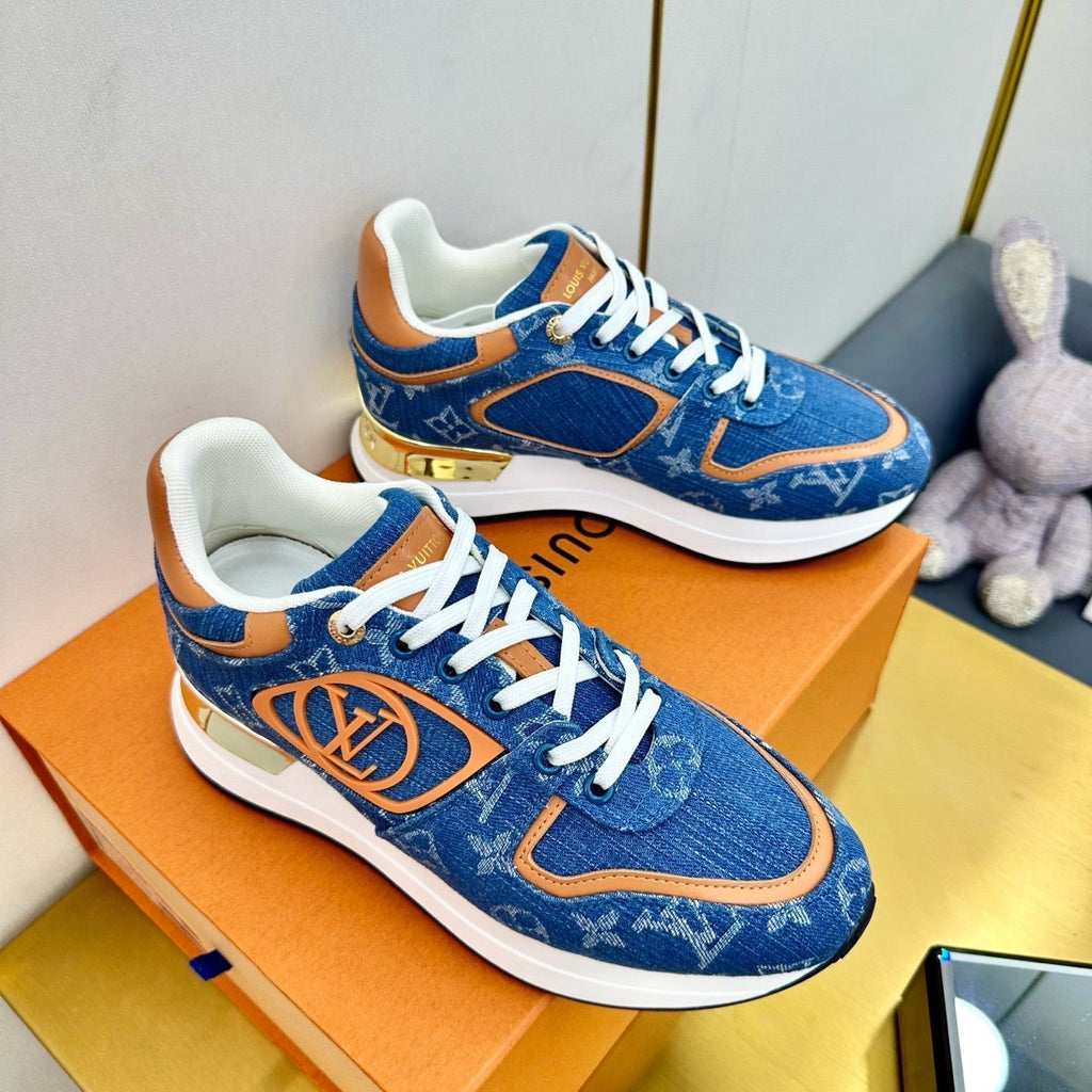 LOUIS VUITTON NEO RUN AWAY SNEAKER IN CLASSIC BLUE MONOGRAM DENIM AND ORANGE CALFSKIN
