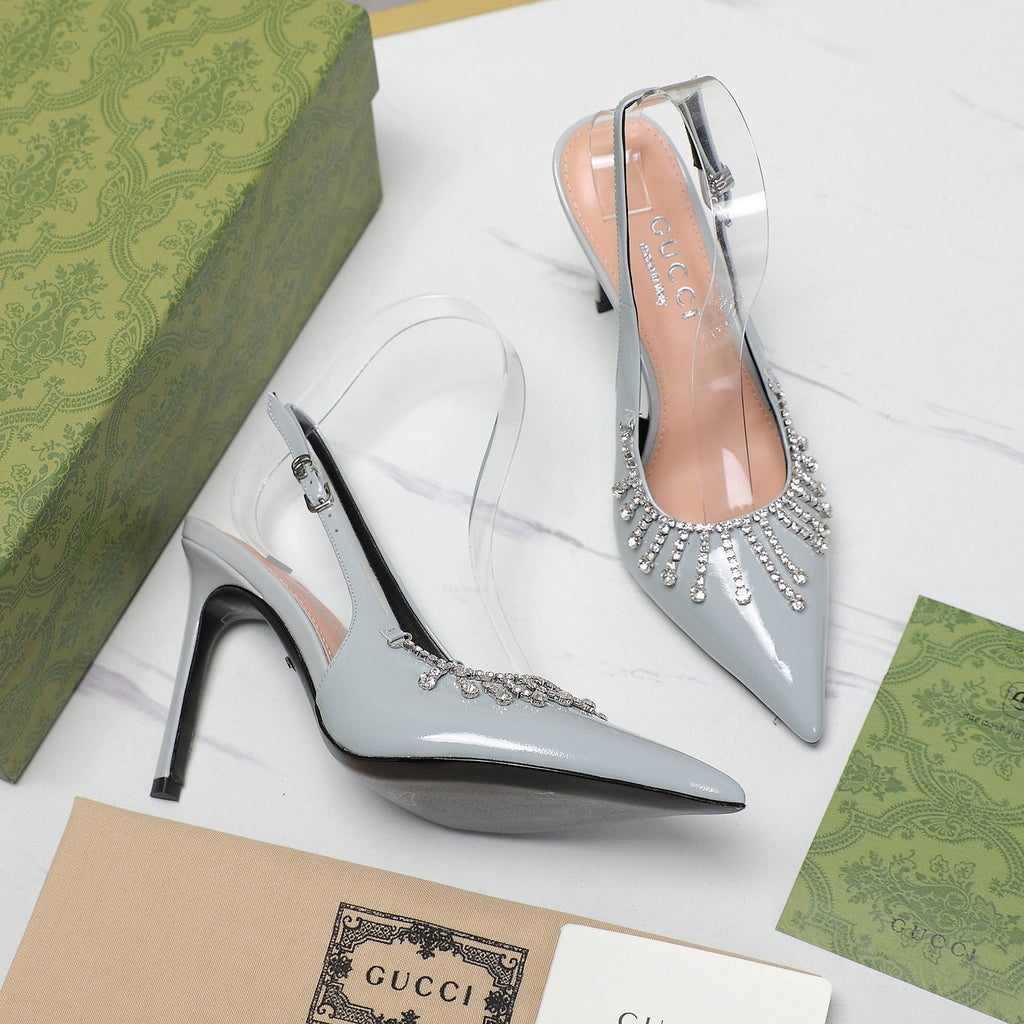 GUCCI CRYSTAL HIGH HEEL SANDAL CLOUD LAMBSKIN