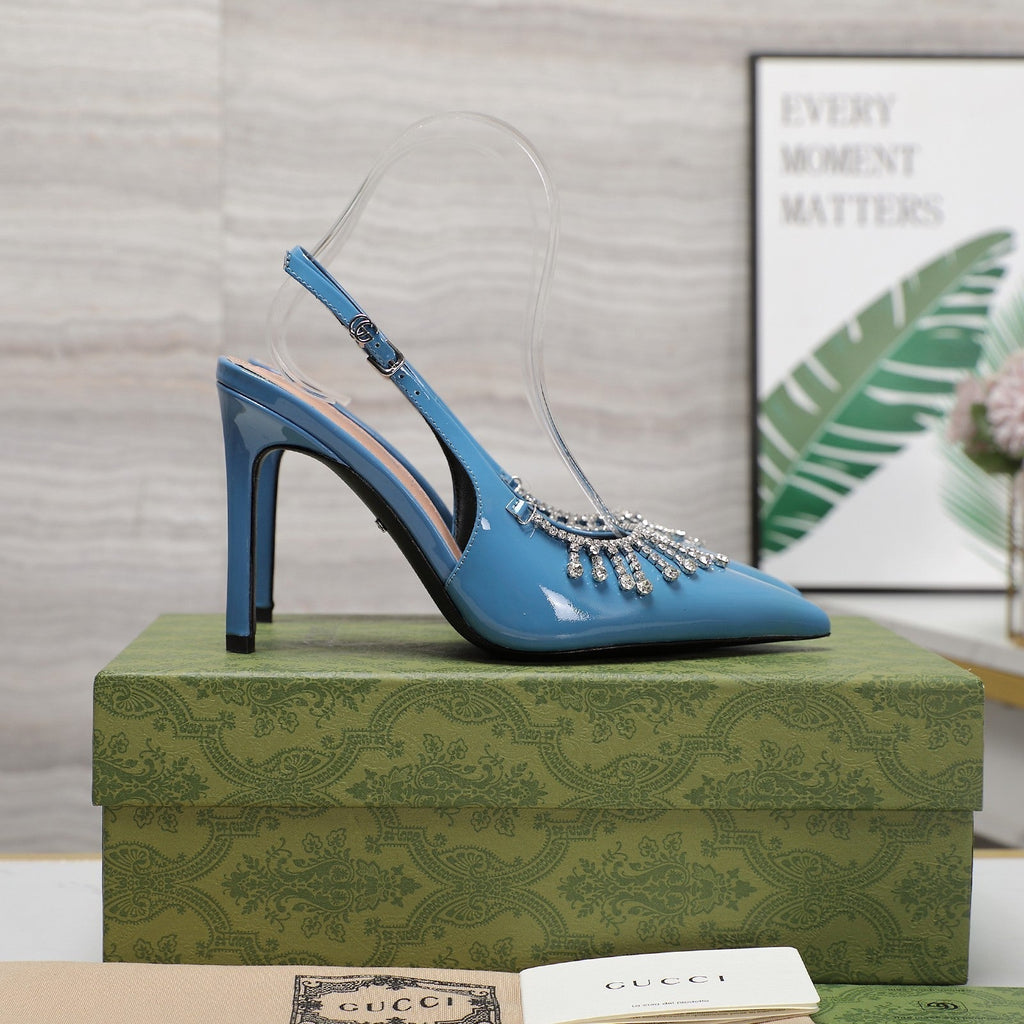 GUCCI CRYSTAL HIGH HEEL SANDAL CERULEAN LAMBSKIN