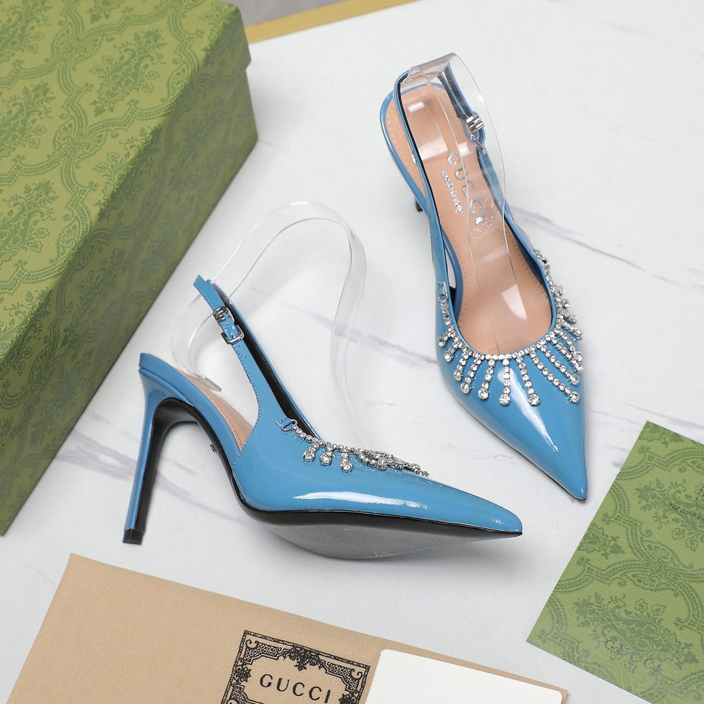 GUCCI CRYSTAL HIGH HEEL SANDAL CERULEAN LAMBSKIN