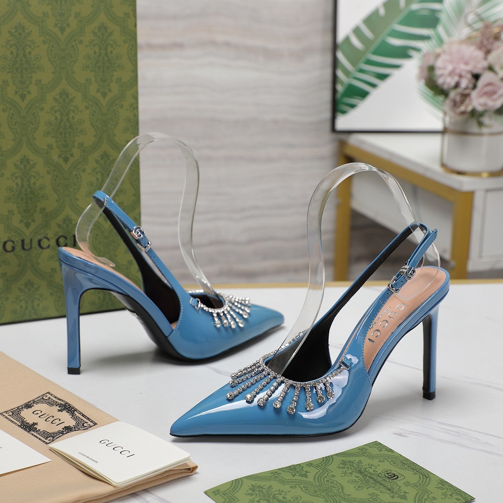 GUCCI CRYSTAL HIGH HEEL SANDAL CERULEAN LAMBSKIN