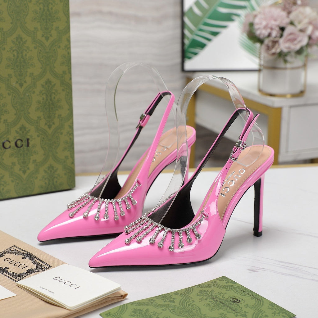 GUCCI CRYSTAL HIGH HEEL SANDAL BRIGHT PINK LAMBSKIN
