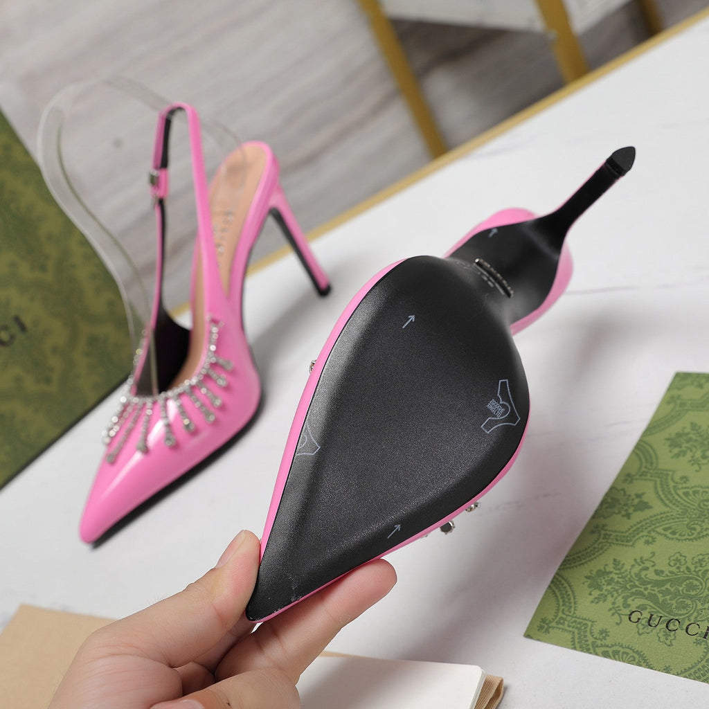 GUCCI CRYSTAL HIGH HEEL SANDAL BRIGHT PINK LAMBSKIN