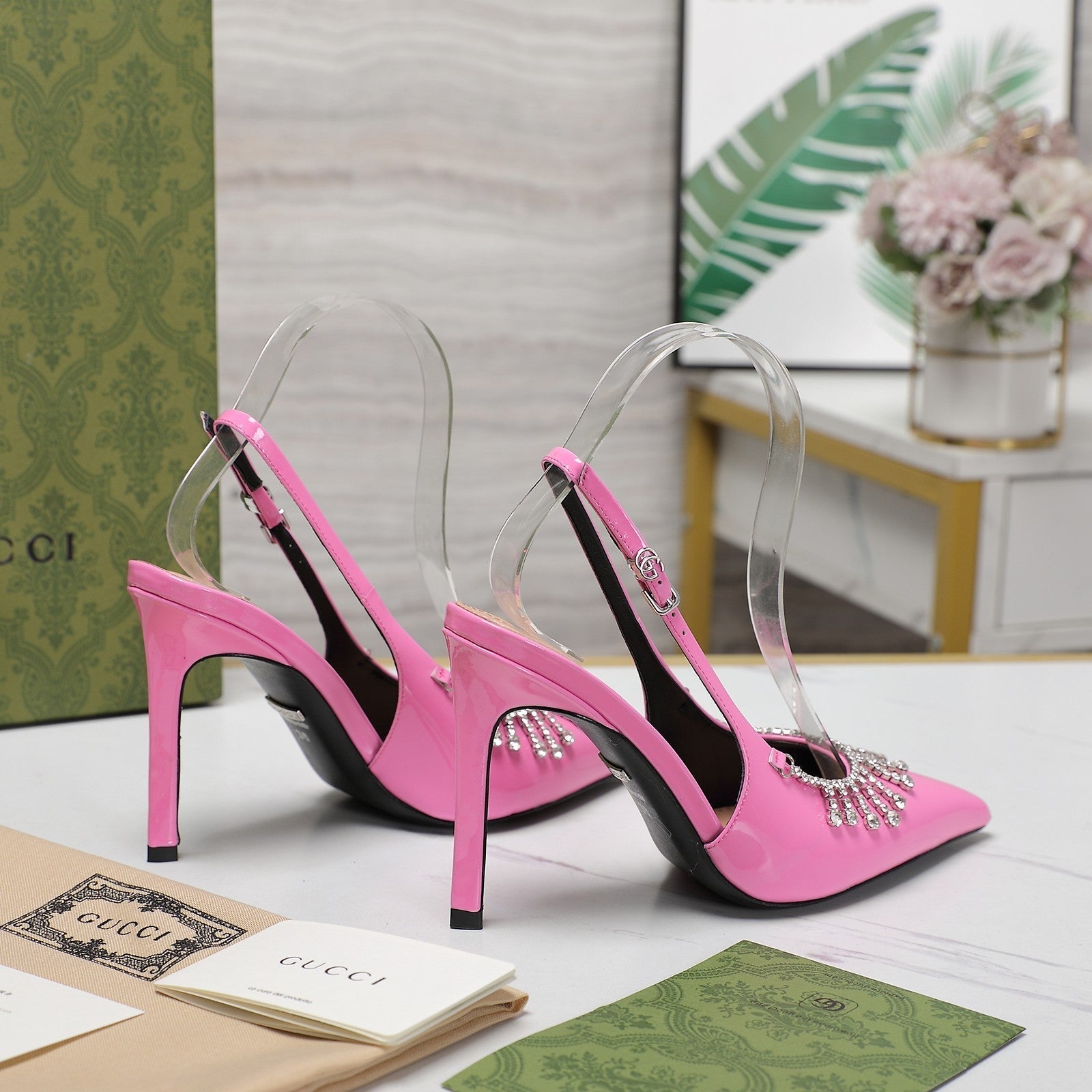 GUCCI CRYSTAL HIGH HEEL SANDAL BRIGHT PINK LAMBSKIN
