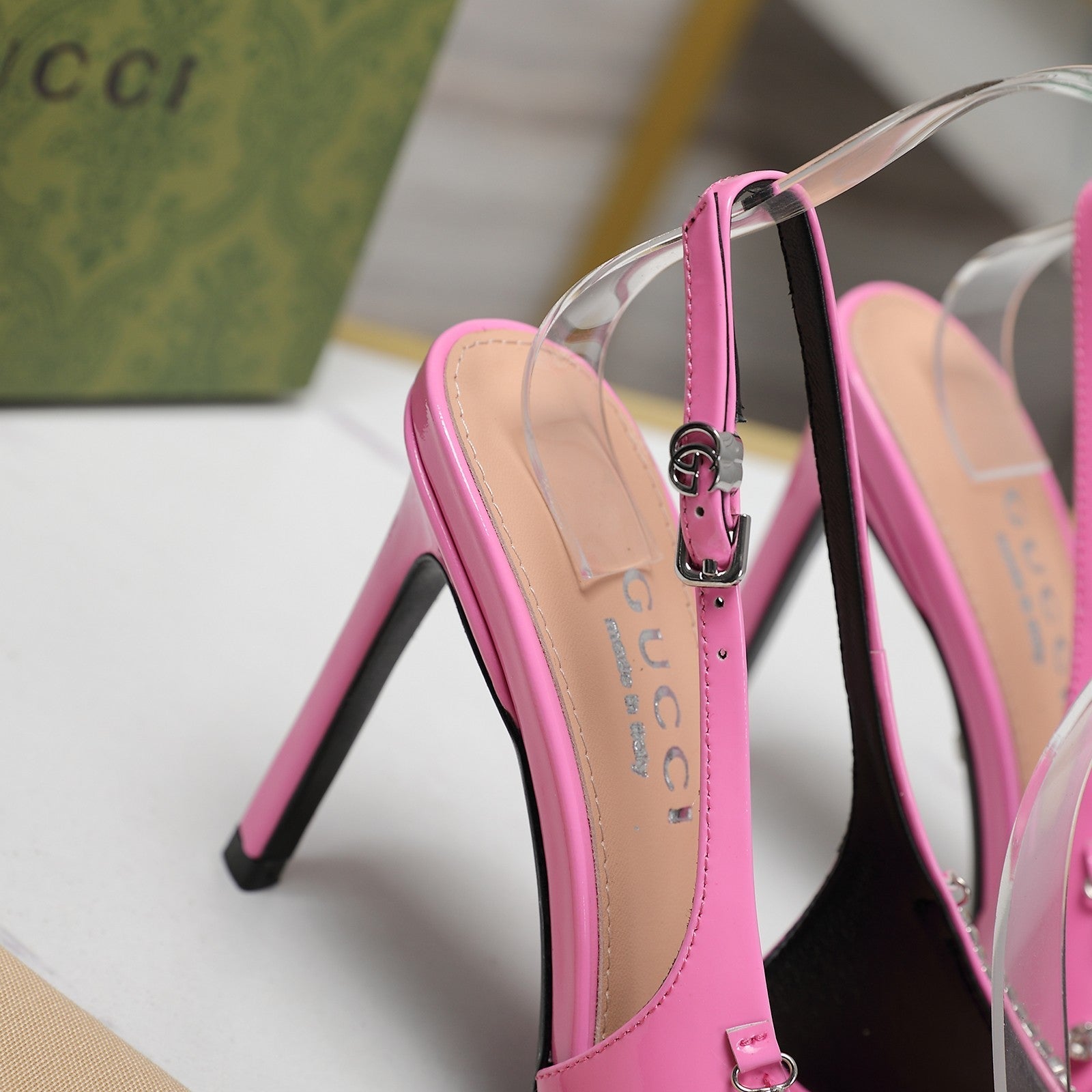 GUCCI CRYSTAL HIGH HEEL SANDAL BRIGHT PINK LAMBSKIN