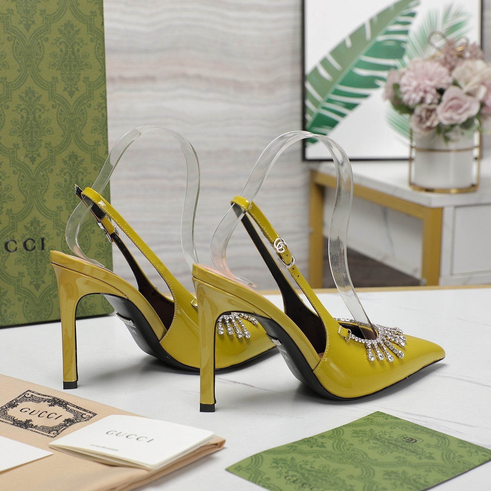 GUCCI CRYSTAL HIGH HEEL SANDAL LEMON LAMBSKIN