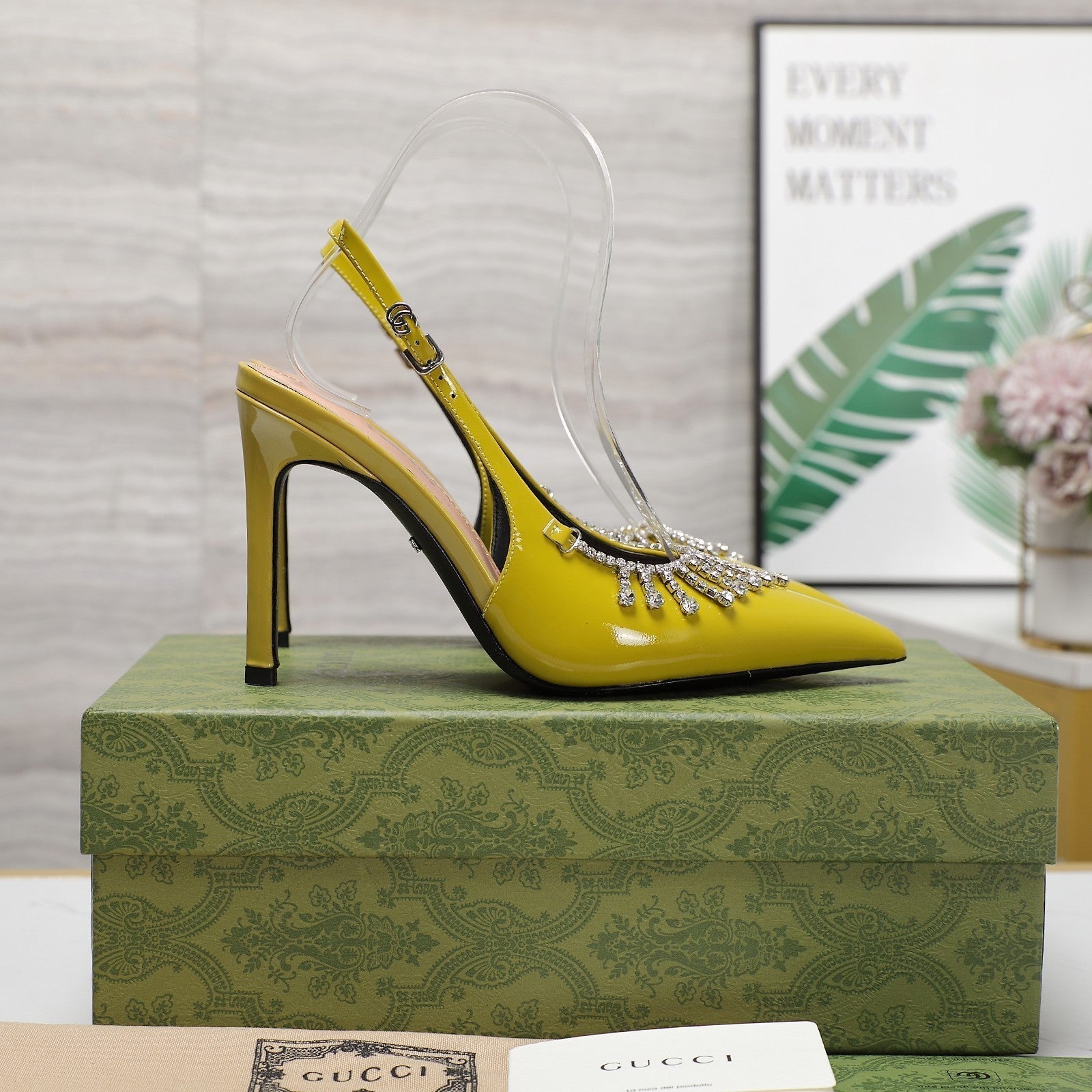 GUCCI CRYSTAL HIGH HEEL SANDAL LEMON LAMBSKIN