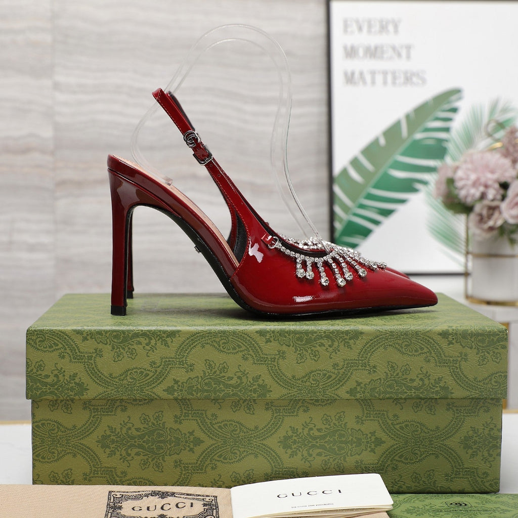 GUCCI CRYSTAL HIGH HEEL SANDAL SCARLET LAMBSKIN