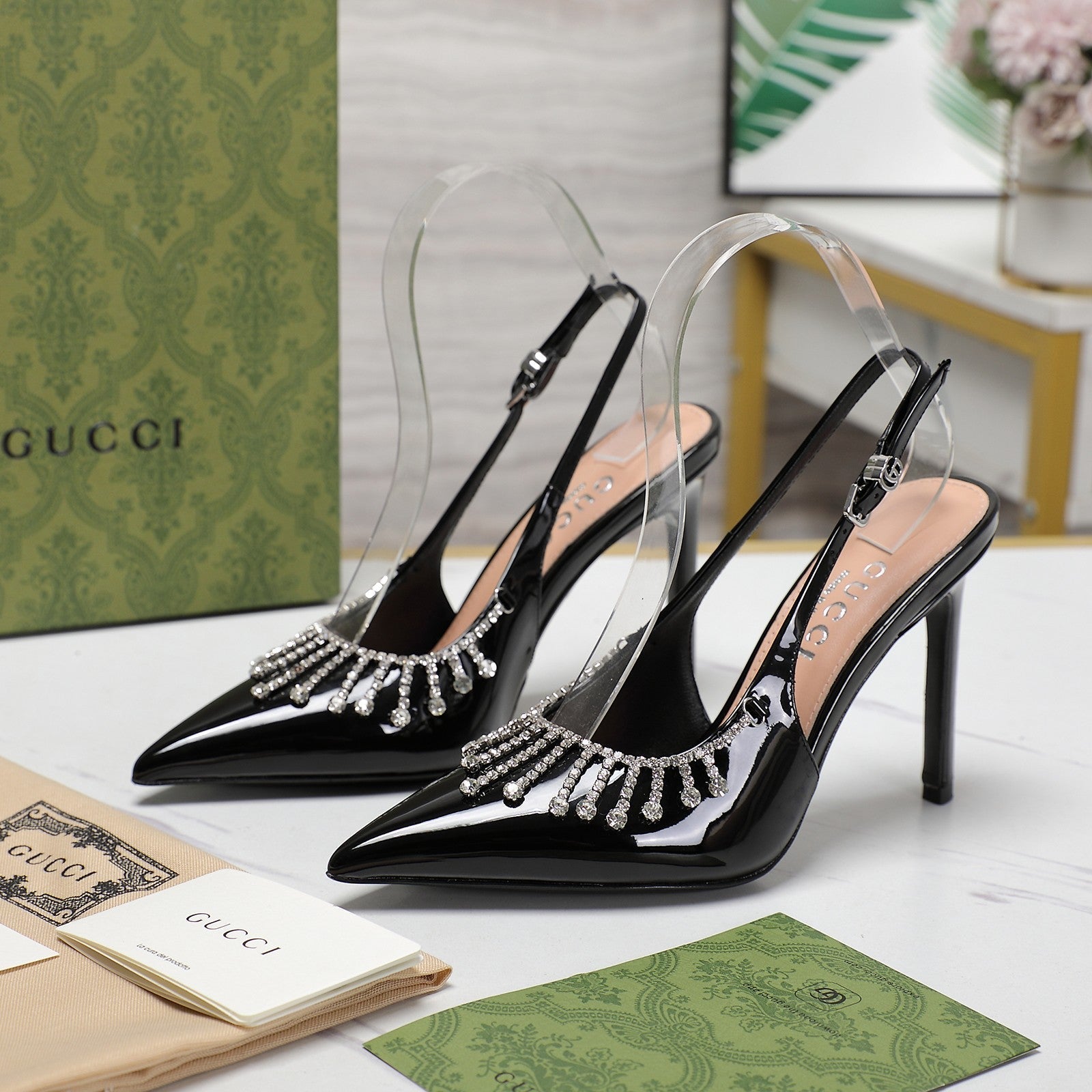 GUCCI CRYSTAL HIGH HEEL SANDAL BLACK LAMBSKIN