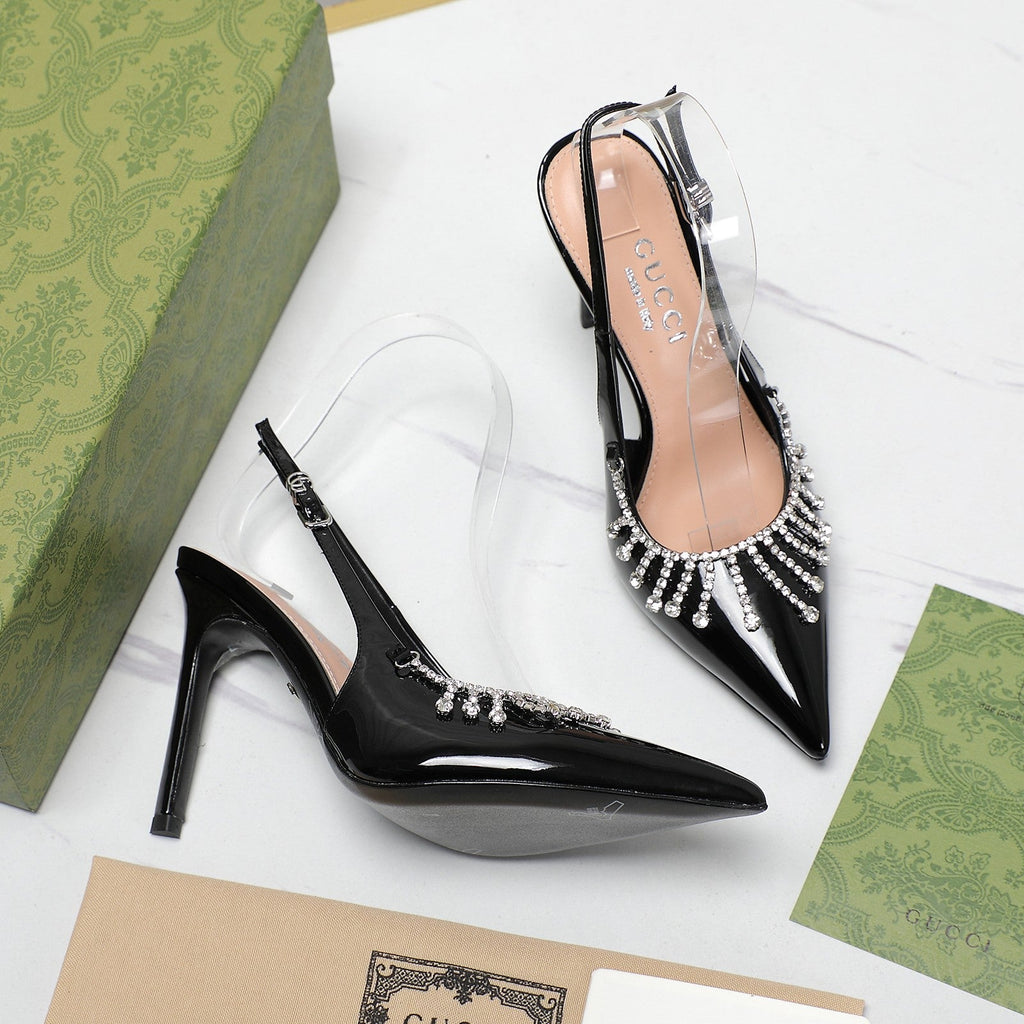 GUCCI CRYSTAL HIGH HEEL SANDAL BLACK LAMBSKIN