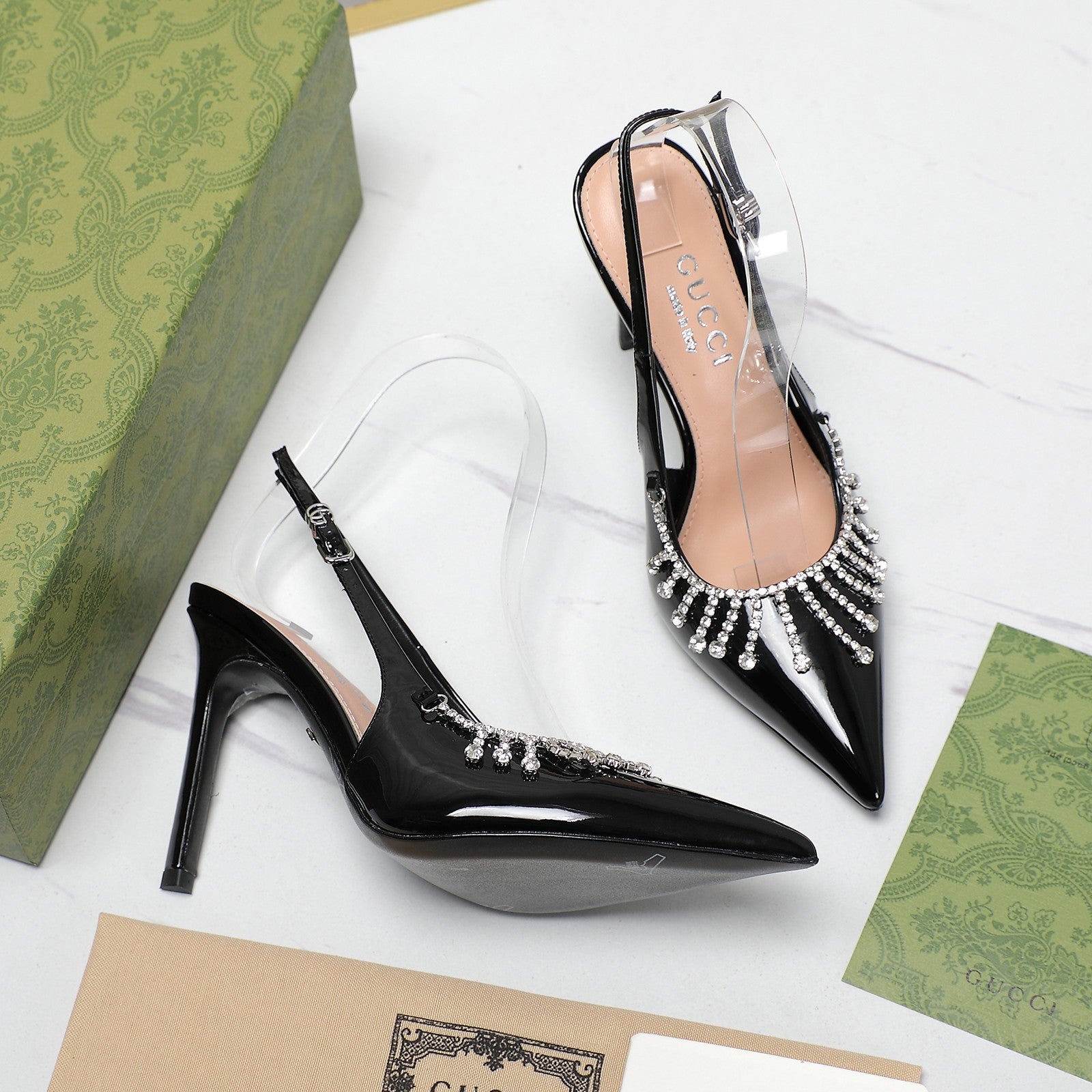 GUCCI CRYSTAL HIGH HEEL SANDAL BLACK LAMBSKIN