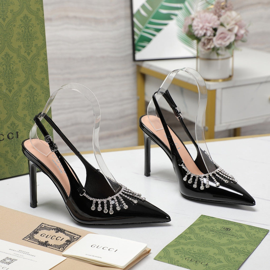 GUCCI CRYSTAL HIGH HEEL SANDAL BLACK LAMBSKIN