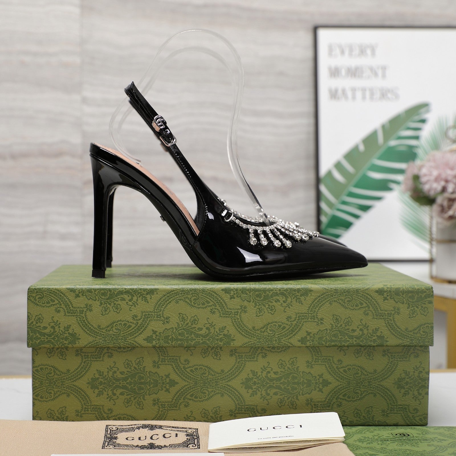 GUCCI CRYSTAL HIGH HEEL SANDAL BLACK LAMBSKIN