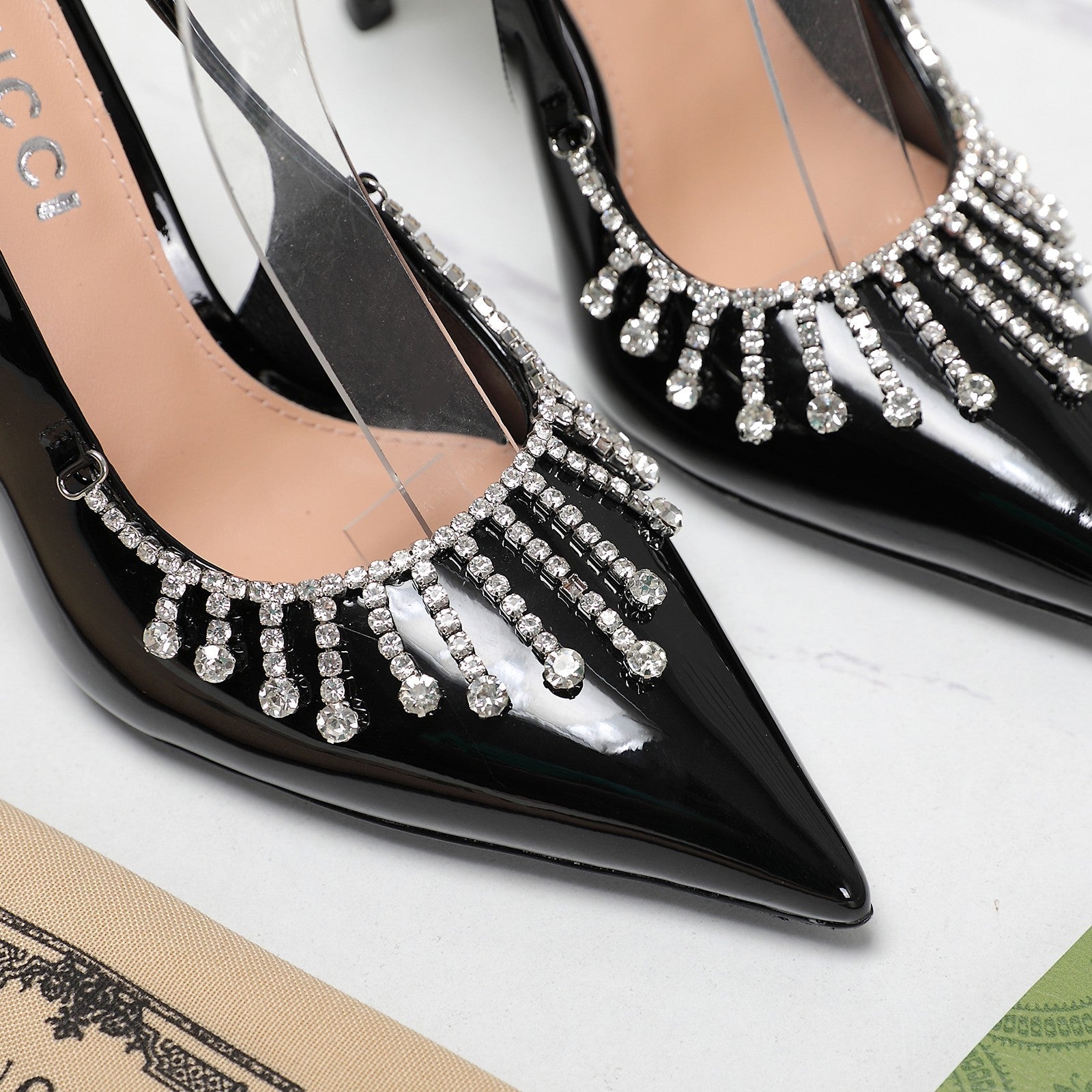 GUCCI CRYSTAL HIGH HEEL SANDAL BLACK LAMBSKIN