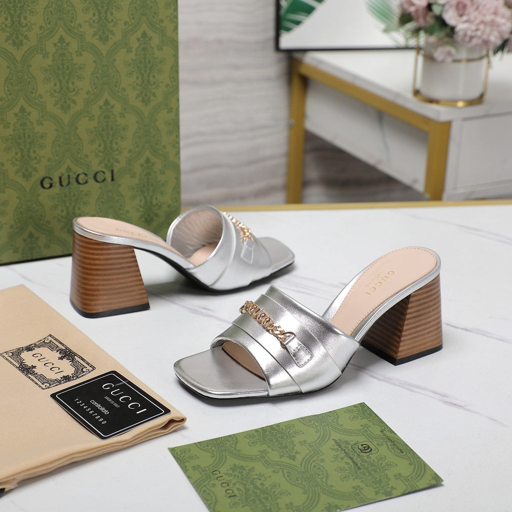 GUCCI High Heels Half Slippers Silver