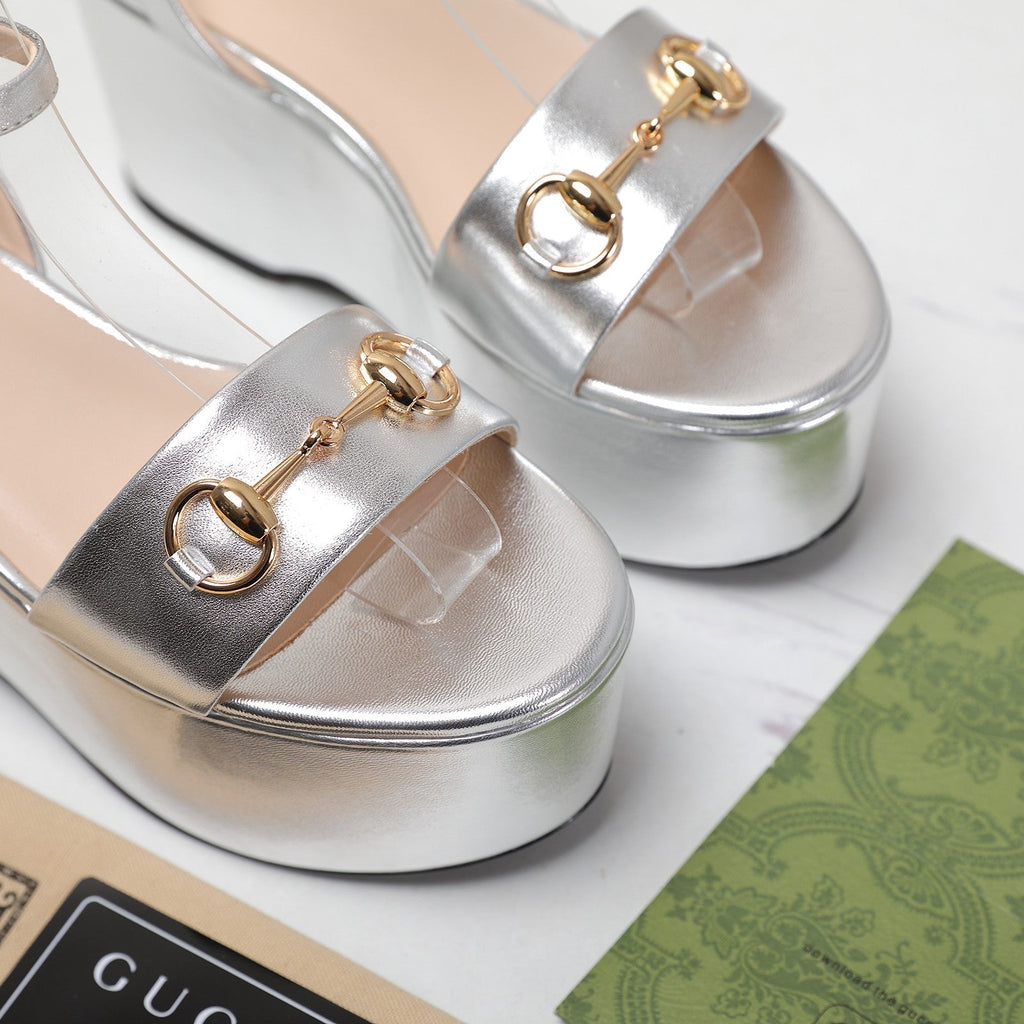 GUCCI Horsebit Wedges Sandals Silver