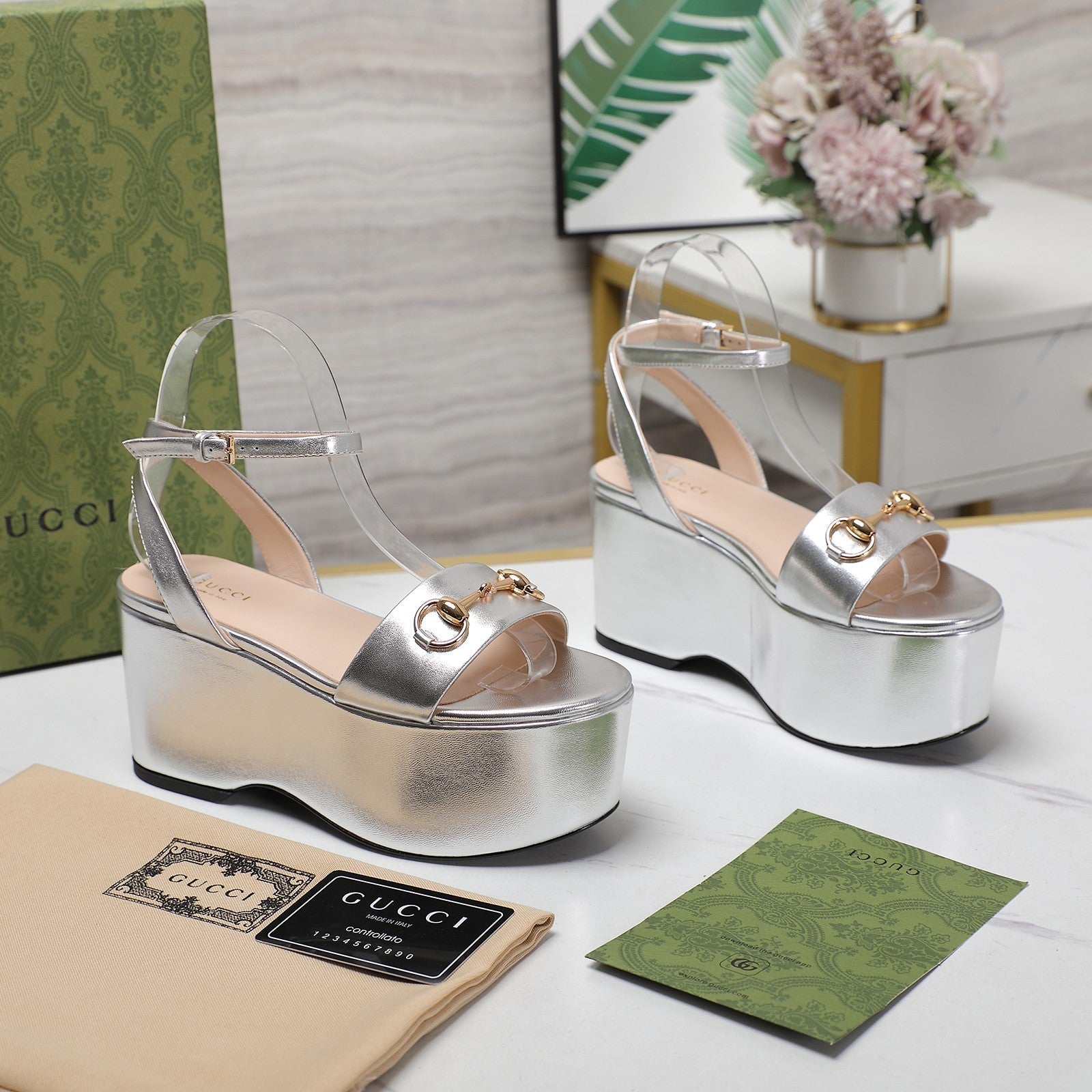 GUCCI Horsebit Wedges Sandals Silver