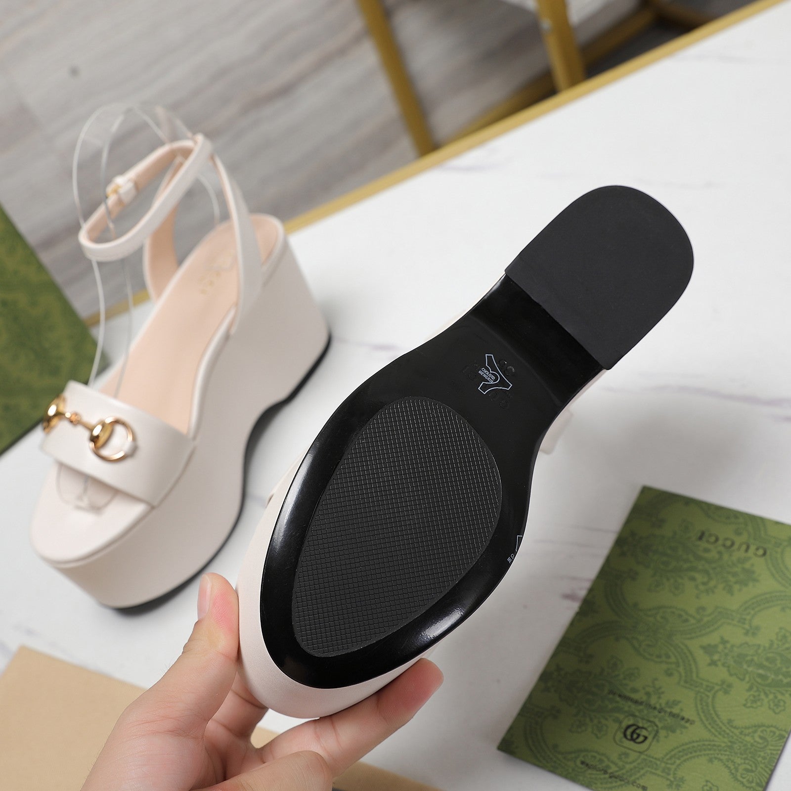 GUCCI Horsebit Wedges Sandals White