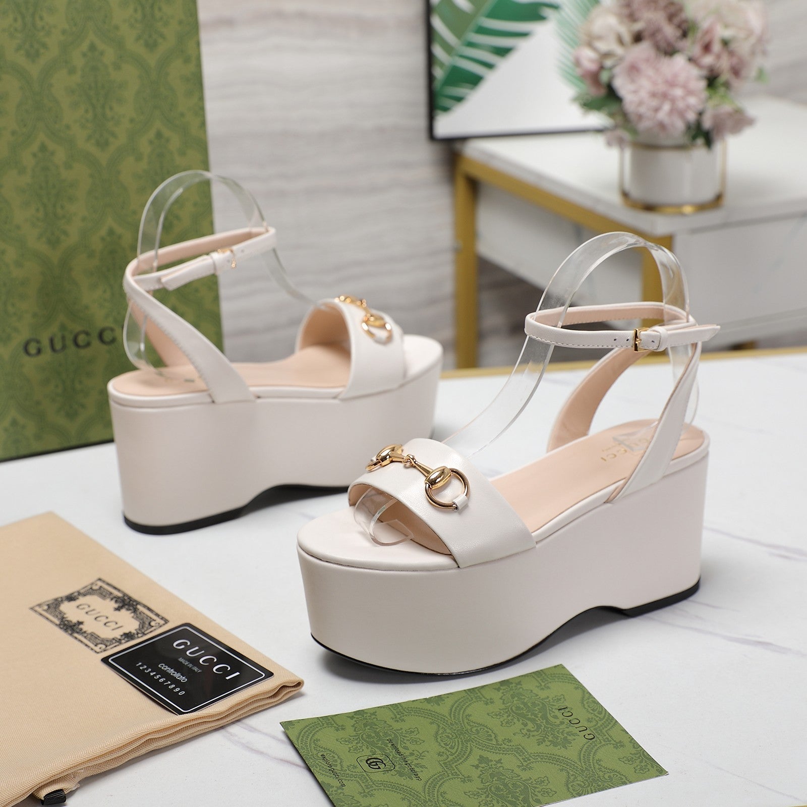GUCCI Horsebit Wedges Sandals White
