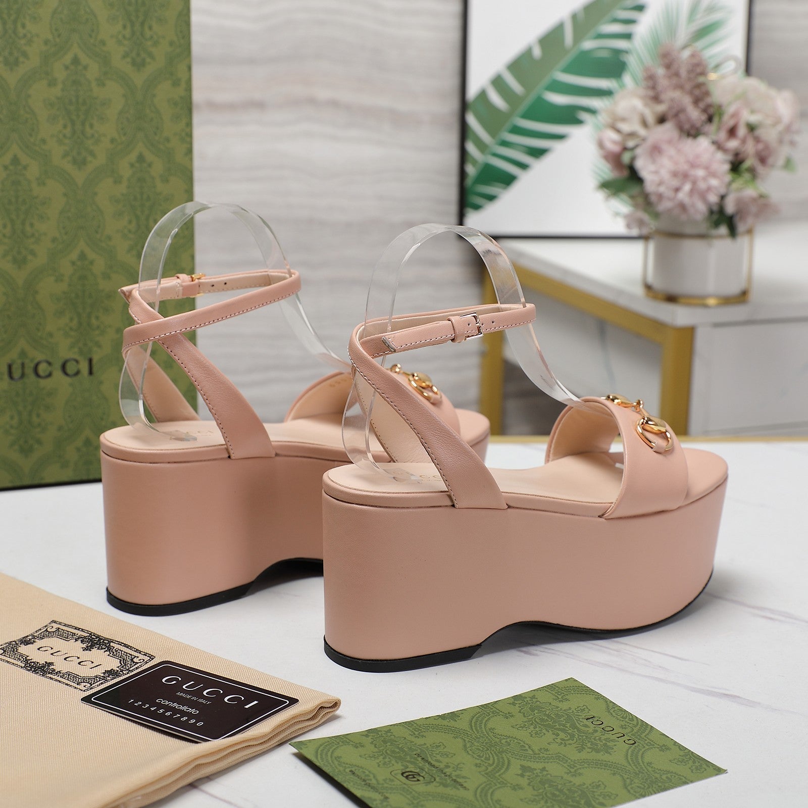 GUCCI Horsebit Wedges Sandals Pink