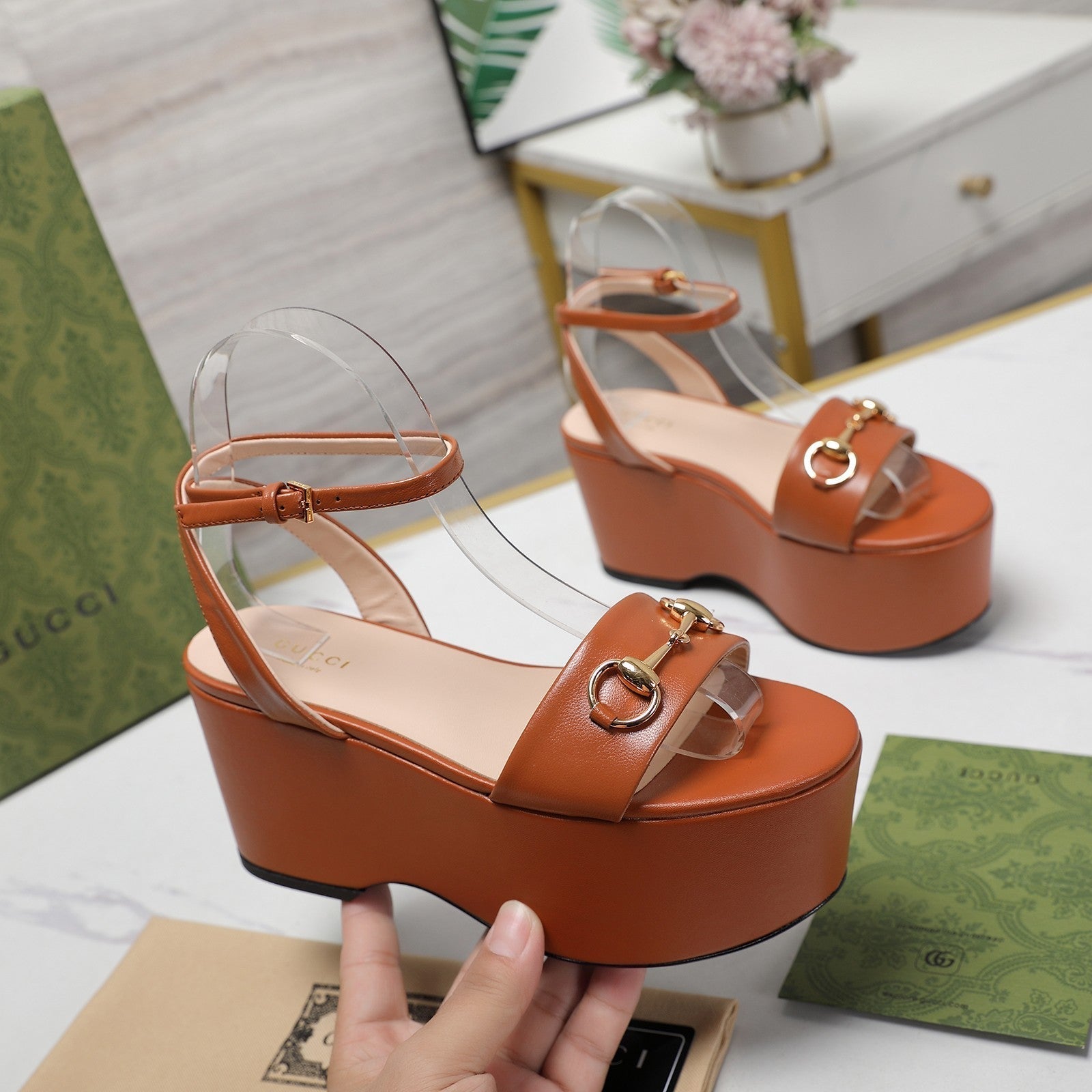 GUCCI Horsebit Wedges Sandals Orange