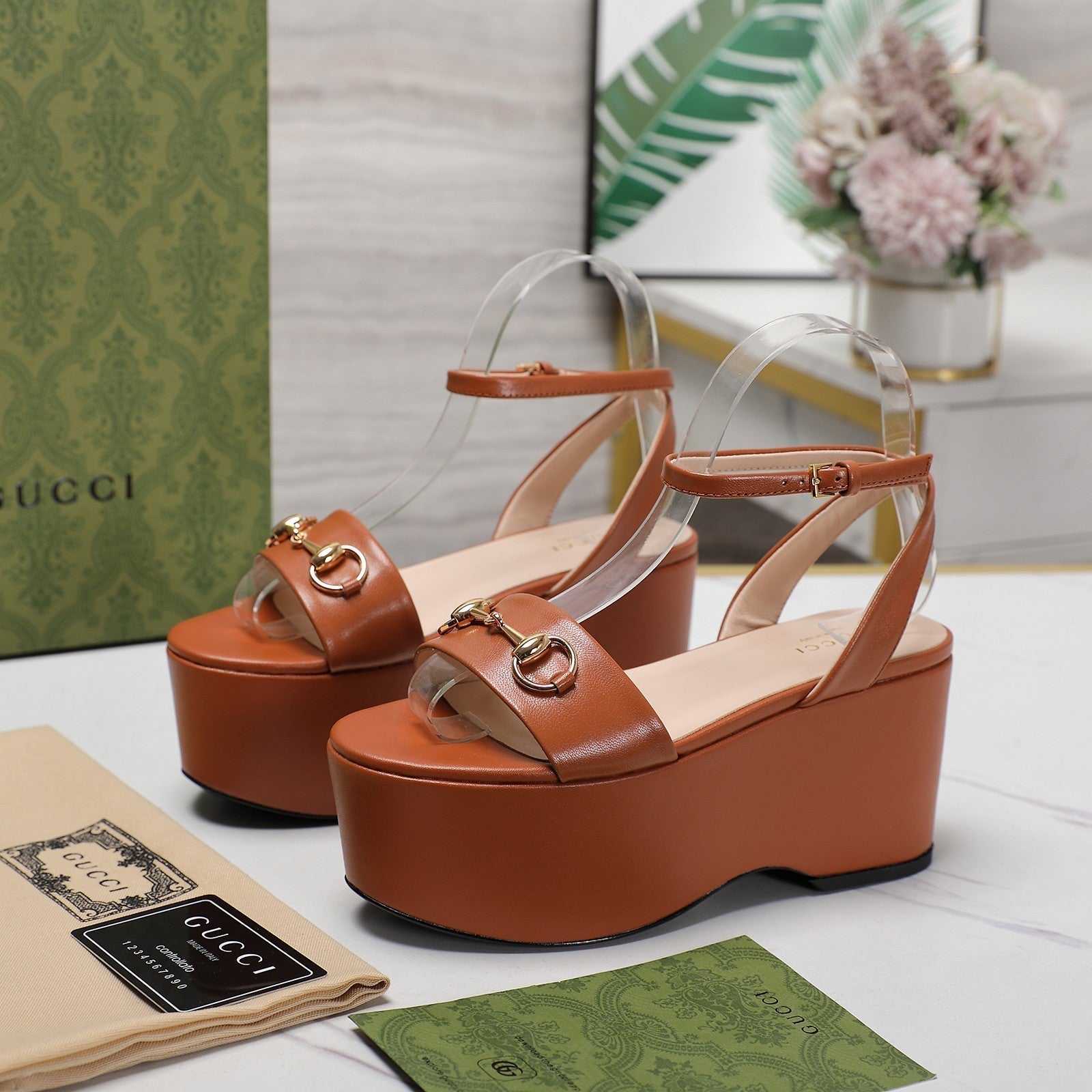 GUCCI Horsebit Wedges Sandals Orange