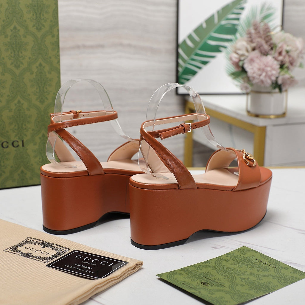 GUCCI Horsebit Wedges Sandals Orange