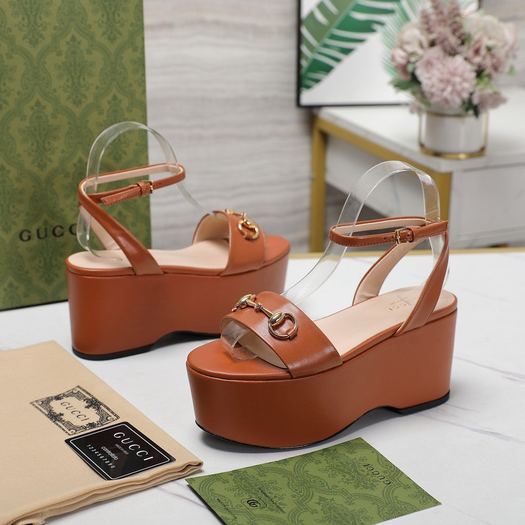 GUCCI Horsebit Wedges Sandals Orange