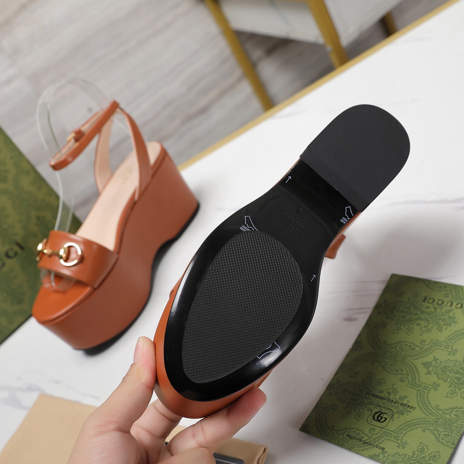 GUCCI Horsebit Wedges Sandals Orange
