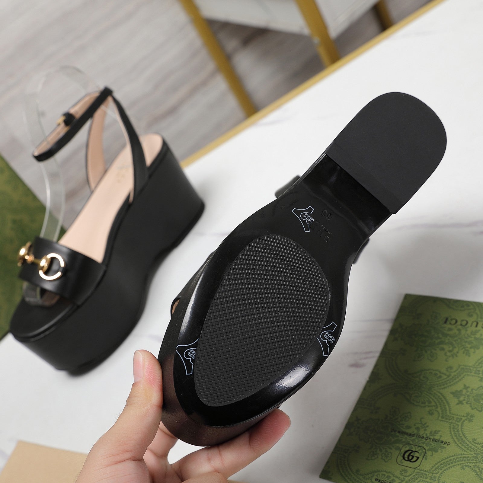 GUCCI Horsebit Wedges Sandals Black