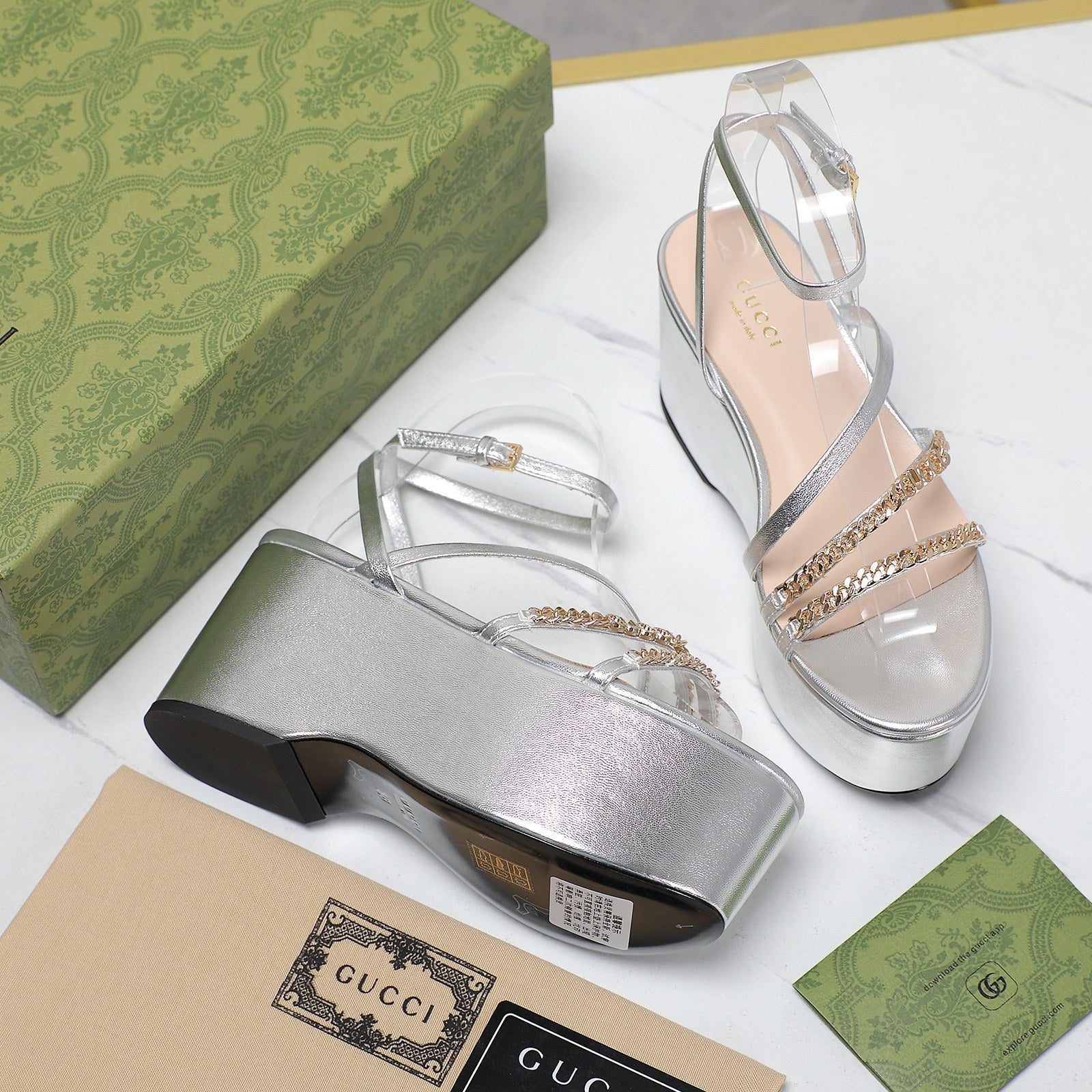 GUCCI WEDGE PLATFORM IN SILVER SHEEPSKIN