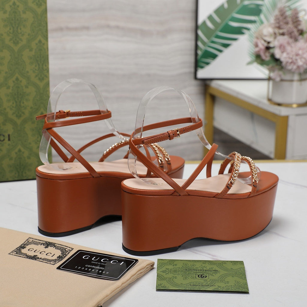 GUCCI WEDGE PLATFORM IN CINNAMON BROWN SHEEPSKIN