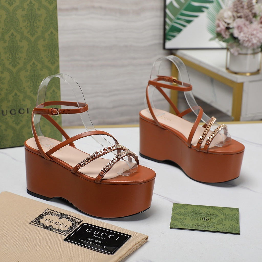 GUCCI WEDGE PLATFORM IN CINNAMON BROWN SHEEPSKIN