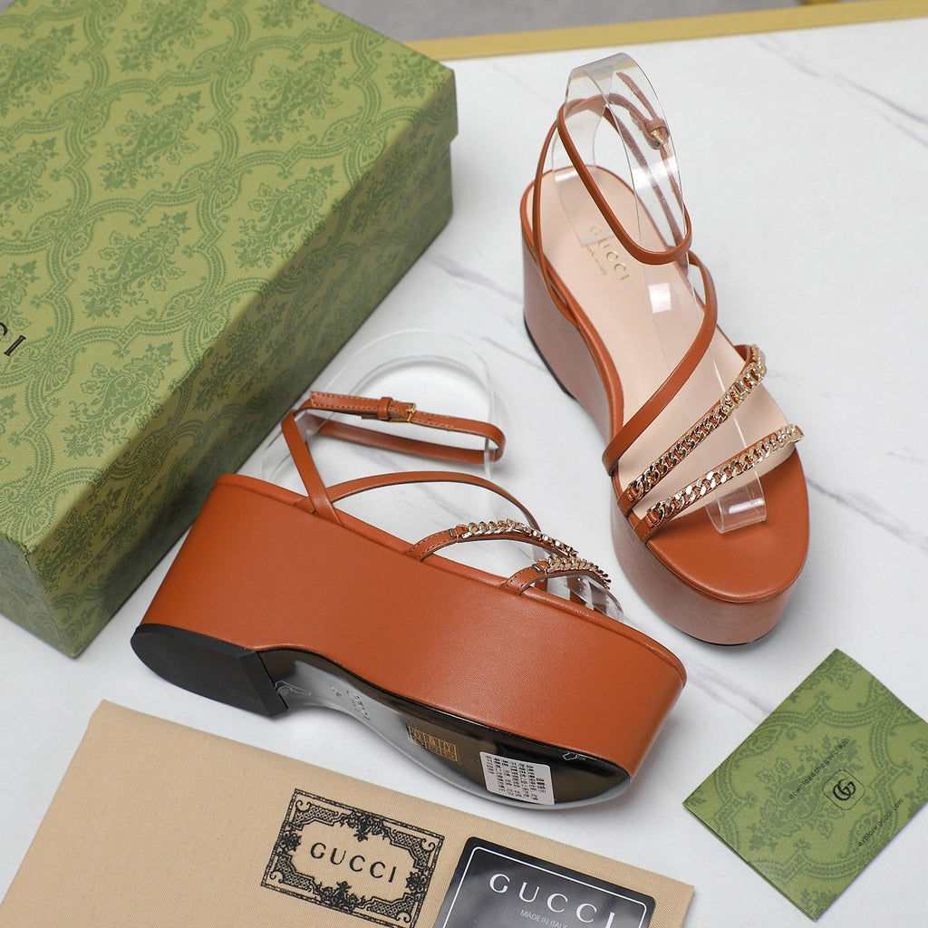 GUCCI WEDGE PLATFORM IN CINNAMON BROWN SHEEPSKIN