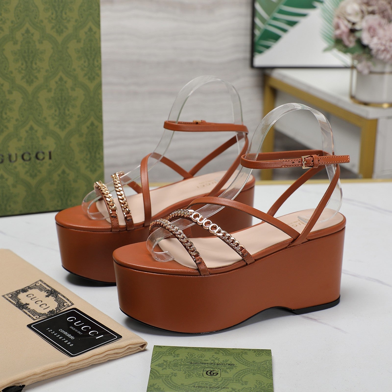 GUCCI WEDGE PLATFORM IN CINNAMON BROWN SHEEPSKIN
