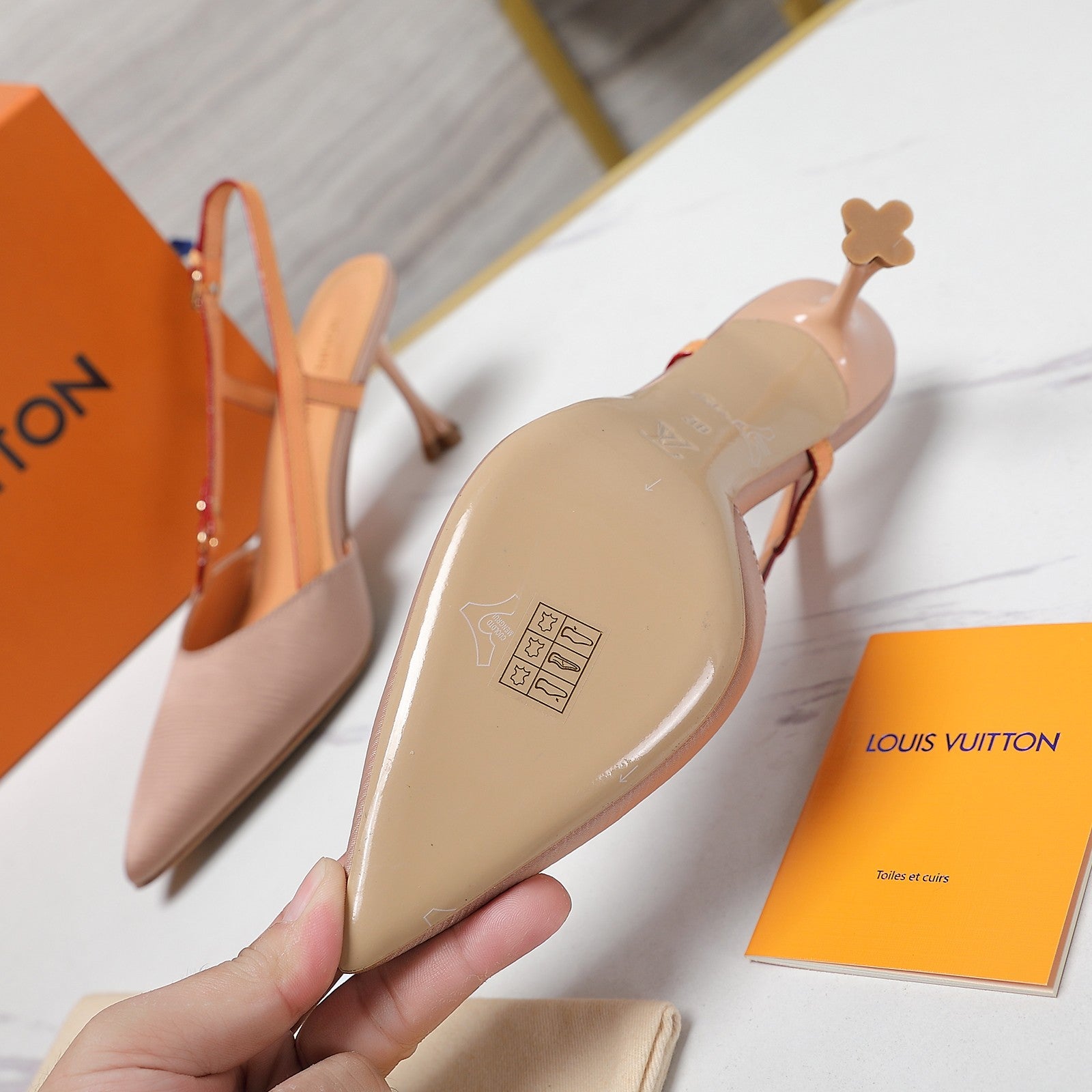 LOUIS VUITTON LV WOMEN BLOSSOM SLINGBACK PUMP IN NUDE BEIGE EMBROIDERED FABRIC