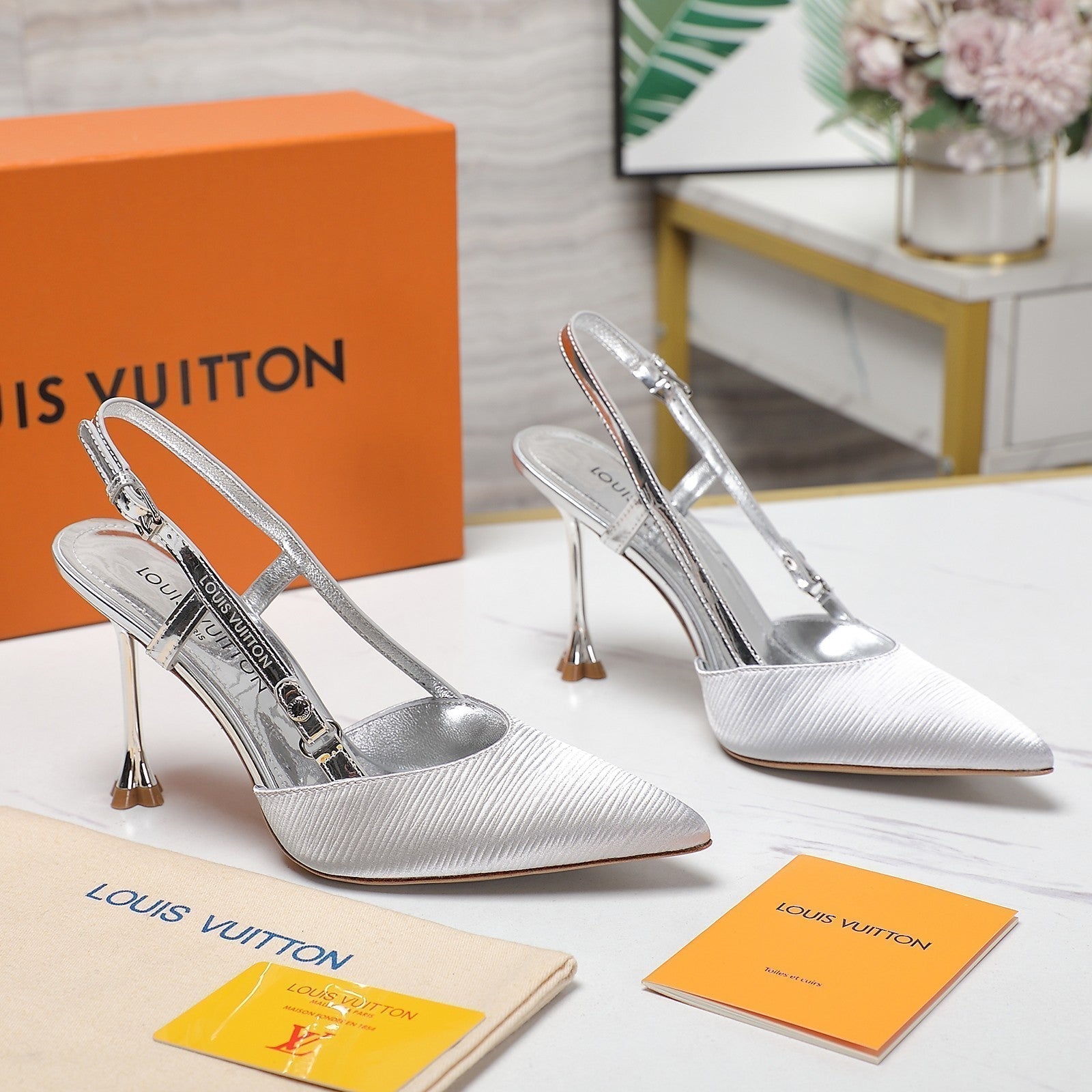 LOUIS VUITTON LV WOMEN BLOSSOM SLINGBACK PUMP IN SILVER EMBROIDERED FABRIC