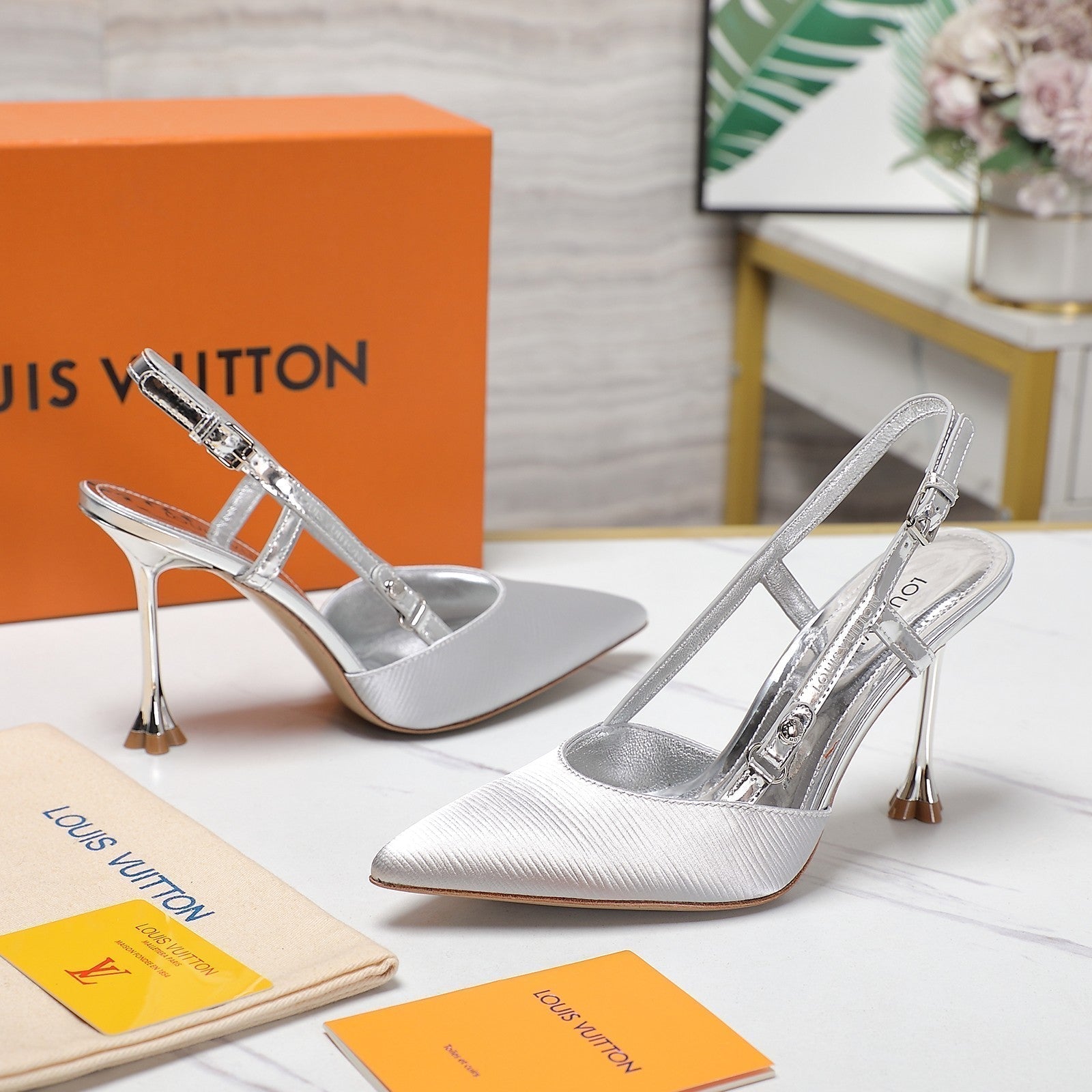 LOUIS VUITTON LV WOMEN BLOSSOM SLINGBACK PUMP IN SILVER EMBROIDERED FABRIC