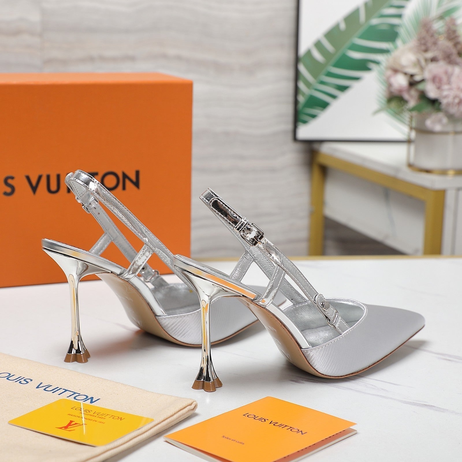 LOUIS VUITTON LV WOMEN BLOSSOM SLINGBACK PUMP IN SILVER EMBROIDERED FABRIC