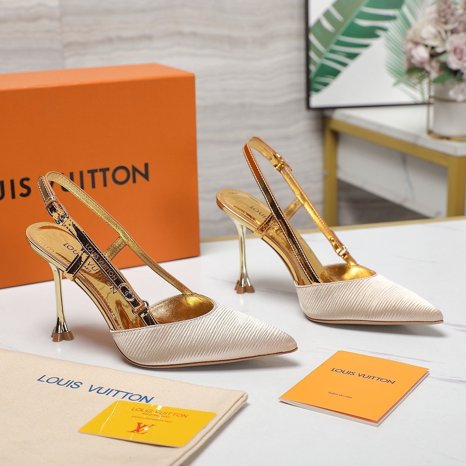 LOUIS VUITTON LV WOMEN BLOSSOM SLINGBACK PUMP IN GOLDEN EMBROIDERED FABRIC