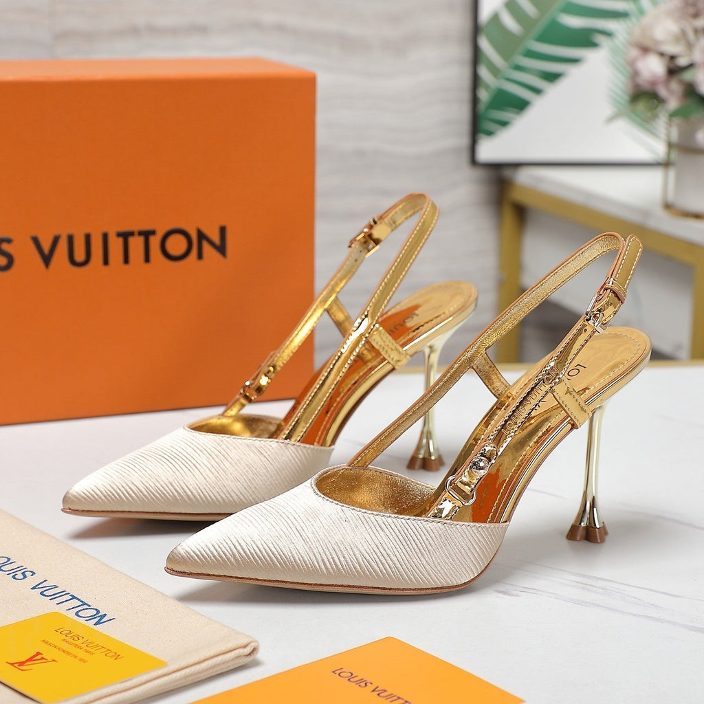 LOUIS VUITTON LV WOMEN BLOSSOM SLINGBACK PUMP IN GOLDEN EMBROIDERED FABRIC