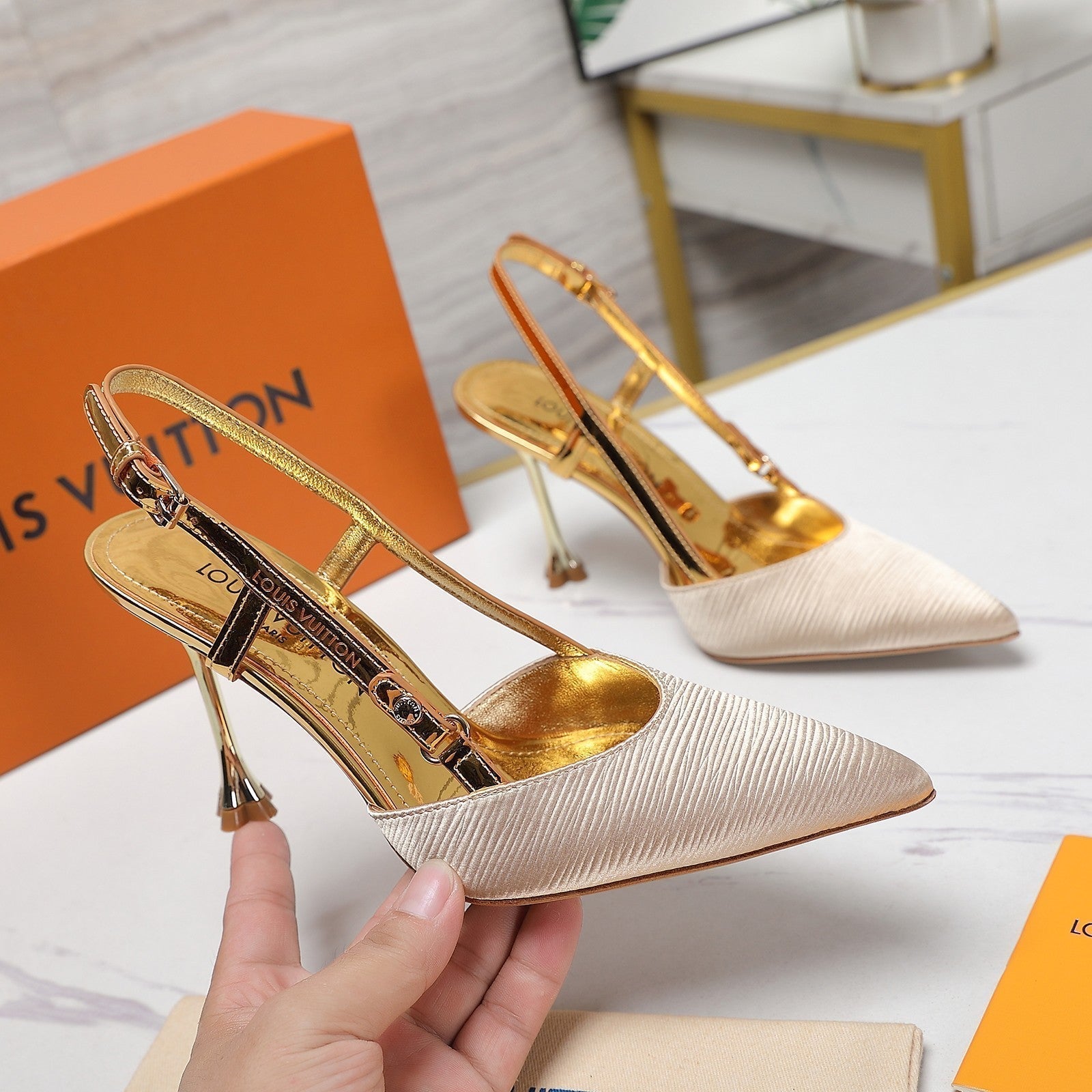 LOUIS VUITTON LV WOMEN BLOSSOM SLINGBACK PUMP IN GOLDEN EMBROIDERED FABRIC